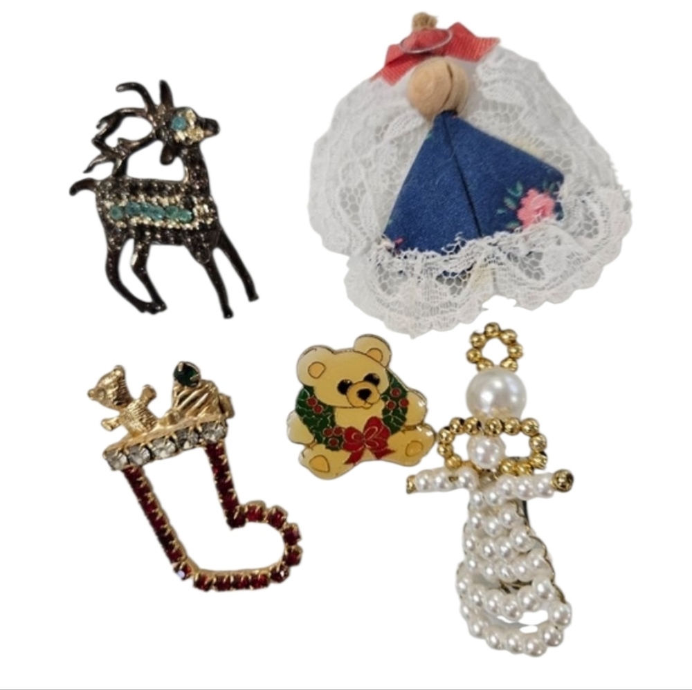 Assorted Christmas Brooch Pin Set of 5 Vintage 1990s Accessories Bears Angels